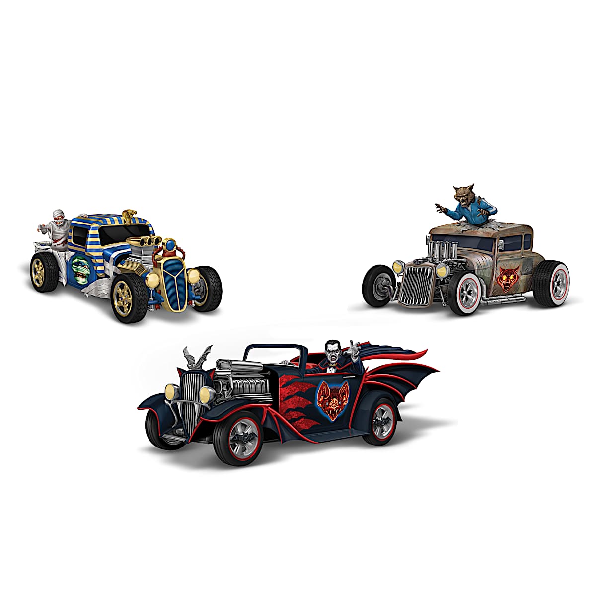 HandPainted Monster Garage Sculpture Collection Featuring A Dracula Roadster, Mummy Wagon And More